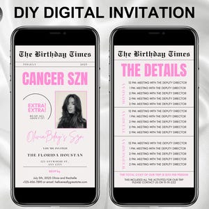 Editable Cancer Birthday Weekend Newspaper Invitation, Digital Cancer Birthday Girl Trip Newspaper Invite, Bday Itinerary, Canva Template