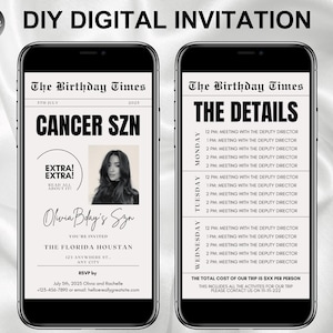 Editable Cancer Birthday Weekend Newspaper Invitation, Digital Cancer Birthday Girl Trip Newspaper Invite, Bday Itinerary, Canva Template