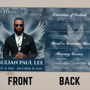 Heavenly Funeral Program Canva Template Editable Blue Memorial Service Obituary Template for Celebration of Life Funeral Designs Booklet