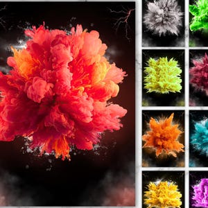 May include: A vibrant digital art print featuring a large, central explosion of red and orange hues, with smaller explosions in various colors arranged in a grid. The background is dark with lightning bolt accents.