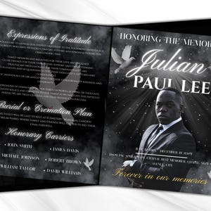 Funeral Memorial program, 8 pages, 8.5x11 inch, elegant black Funeral Program, Celebration of Life, Keepsake Digital Download Canva Template
