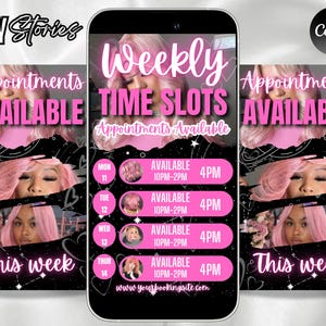 May include: A promotional graphic for a beauty service, featuring a smartphone displaying weekly appointment slots. The design is predominantly pink and black, with the words "Appointments Available" and "Time Slots" in white. The graphic includes images of a person with pink hair.