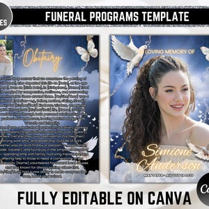 Navy and Gold Canva Funeral Program Template Editable 8 Page Funeral Brochure Memorial Service Custom Obituary Template for Funeral Memorial