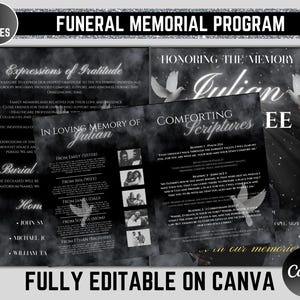 Funeral Memorial program, 8 pages, 8.5x11 inch, elegant black Funeral Program, Celebration of Life, Keepsake Digital Download Canva Template