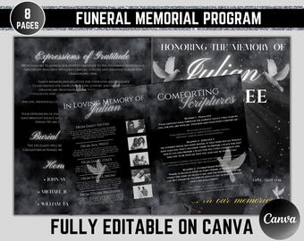 Elegant Black Funeral Program: Celebration of Life Keepsake (Digital Download Canva Template)