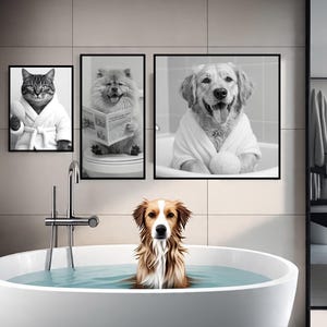 Custom Pet Bathroom Art Set of 3, Personalized Dog in Bathtub Prints, Funny Pet Wall Decor, Unique Gift for Pet Owners, Dog Lover Present
