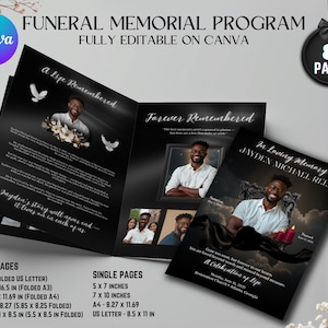 Funeral Memorial program, 8 pages, 8.5x11 inch, elegant black Funeral Program, Celebration of Life, Keepsake Digital Download Canva Template