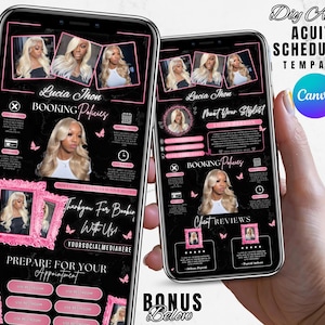May include: Two smartphones displaying a black and pink template for a hair stylist's booking policies and information. The template includes photos, text, and graphics. The text includes "Lucia Thon", "Booking Policies", and "Prepare for your Appointment".