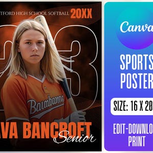 Softball Poster Canva Template, Design Your Own Custom Senior Softball Team Sports Posters in Canva, Softball Background, The GOAT