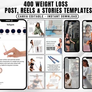 Op de afbeelding: Een digitale productmockup met Instagram-posttemplates voor gewichtsverlies. De sjablonen bevatten tekst zoals "400 Weight Loss Post, Reels & Stories Templates" en "Balanced Nutrition". De afbeelding bevat ook foto's van vrouwen.