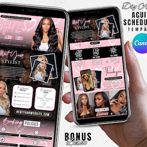 May include: Two smartphones showing a pink and black template for a stylist's booking site. The template features photos, text, and icons. Text includes "Meet Your Stylist," "Booking Policies," and "Thank You for Choosing Us."