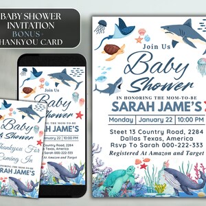 Modello modificabile per invito baby shower &quot;Sotto il mare&quot;, invito baby shower &quot;Sotto il mare&quot;, invito animali marini, invito baby shower