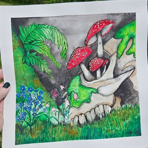 Original Mushroom & Skull Watercolor by Katie Akins