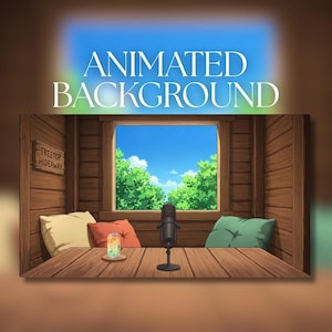 May include: An animated background illustration featuring a wooden room with a window view of green trees and a blue sky. A wooden table holds a black microphone and a small drink can. A sign on the wall reads TREETOP HIDEAWAY, with pillows nearby.