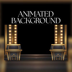 Könnte beinhalten: Ein animierter Hintergrund mit einer schwarzen Bühne, zwei Podien und vertikalen Lichtsäulen. Die Podien sind schwarz mit goldenen Verzierungen und einem Stern-Design. Der Text "ANIMATED BACKGROUND" steht oben.
