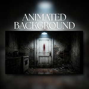 Fondo animado / Cocina abandonada de terror con puerta marcada con sangre / Descarga digital MP4 / AB673