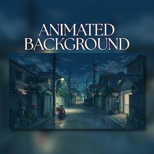 May include: An animated background featuring a dark, rainy Japanese residential street at night. The scene includes houses, utility poles with power lines, a parked scooter with a delivery box, and a street lamp illuminating the wet pavement.