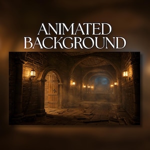 Fundo animado | Corredor de masmorra medieval | Arcos de pedra e lanternas | Download digital em MP4 | AB553