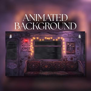 May include: An animated background featuring a spooky subway train interior with purple lighting, a bench with skull and pumpkin patterns, string lights, and signs reading NEXT STOP NOWHERE, NO EXIT AFTER DARK, and THE GHOST LINE with a skeleton.