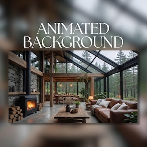 Può includere: Uno sfondo animato che mostra un soggiorno con un divano in pelle marrone, un tavolino in legno e un camino in pietra con fuoco acceso. Grandi vetrate rivelano una vista sulla foresta, con il testo ANIMATED BACKGROUND visualizzato.