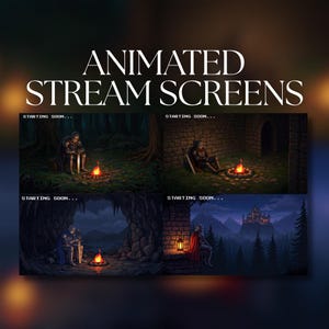May include: A collection of four digital animated stream screens featuring a knight in armor. Each scene displays the text STARTING SOON in a pixelated font. The illustrations depict a knight by a campfire in a forest, a stone room, a cave, and a castle.