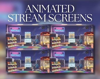 Pantallas de transmisión animadas / Interior de una tienda de alquiler de videos VHS retro / Próximamente / Vuelvo enseguida / Fin de la transmisión / Sin conexión / SS28