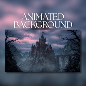 Fondo animado / Castillo gótico de vampiros / Fortaleza de montaña lluviosa con ventanas rojas / Descarga digital MP4 / AB548