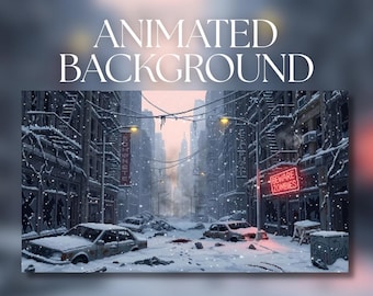 Animated Background | Pixel Art Post-Apocalyptic Snowy City Street with Beware Zombies Neon Sign | Digital Download | AB589