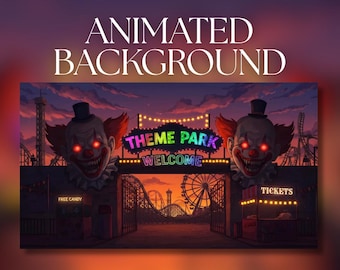 Può includere: Un'illustrazione di sfondo animata dell'ingresso di un parco a tema al tramonto. Due grandi teste di clown con occhi rossi luminosi fiancheggiano il cancello. Un cartello recita THEME PARK WELCOME. Sono visibili una biglietteria e un chiosco.