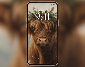 Phone Wallpaper | Christmas Highland Cow with Festive Greenery | Rustic Winter Farm Art | Oil Painting | Digital Download | PW7