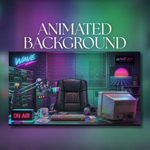 Puede incluir: Imagen de fondo animada de un estudio de radio retro con luces de neón. La escena incluye un micrófono, una computadora, un teclado y una taza que dice "WAVE 89.7". Las palabras "ANIMATED BACKGROUND" están en la parte superior.