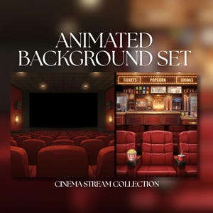 May include: An animated background set featuring a cinema theme. The image shows a movie theater with red seats and a concession stand with popcorn and drinks. Text reads "ANIMATED BACKGROUND SET" and "CINEMA STREAM COLLECTION."