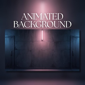 May include: A digital graphic featuring the text ANIMATED BACKGROUND in white serif font above a dark, industrial wall panel design with two side doors and a single vertical pink light fixture centred on the wall surface.