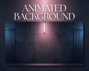 May include: A digital graphic featuring the text ANIMATED BACKGROUND in white serif font above a dark, industrial wall panel design with two side doors and a single vertical pink light fixture centered on the wall surface.
