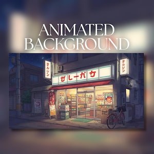 Könnte beinhalten: Eine animierte digitale Illustration eines japanischen Convenience Stores bei Nacht. Das Ladenlokal verfügt über beleuchtete Schilder mit japanischem Text, einen gläsernen Eingang und ein rotes Fahrrad vor dem Geschäft. Die Szene spielt in einer ruhigen Straße.