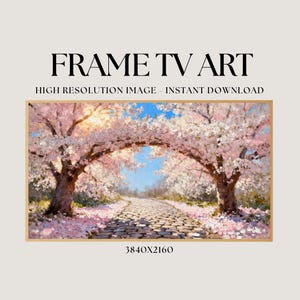 May include: Digital art print depicting a pathway flanked by cherry blossom trees in full bloom. The image shows a stone path leading into the distance, framed by pink and white blossoms under a blue sky. Text reads "FRAME TV ART".