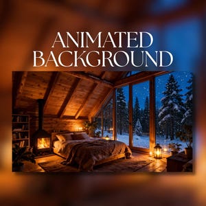 Puede incluir: Imagen de fondo animada de un dormitorio acogedor con chimenea y una gran ventana con vistas a un bosque nevado. La habitación está iluminada con una luz cálida y acogedora, con el texto "ANIMATED BACKGROUND" en la parte superior.