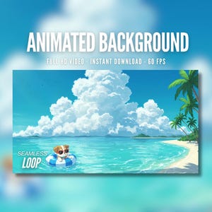 Animated Background | Tropical Beach with Floating Puppy | Cute Summer Vibes | Ocean Waves | Twitch | Stream | Live Wallpaper | AB381