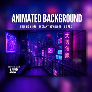 Animated Background | Cyberpunk City Balcony View | Neon Rainy Night | Towering Skyscrapers | MP4 Digital Download for Streaming | AB41