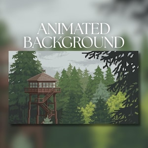 May include: A pixel art digital illustration featuring a wooden fire lookout tower with a staircase, situated within a dense forest of green pine trees under a grey, rainy sky. The text "ANIMATED BACKGROUND" is displayed in white at the top.