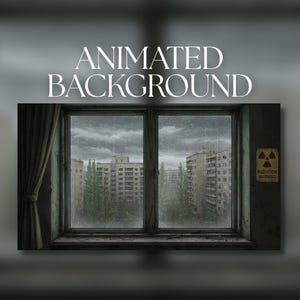 Può includere: Immagine di sfondo animata con vista finestra su un paesaggio urbano piovoso. Il telaio della finestra è scuro, con una tenda a sinistra. Il testo "ANIMATED BACKGROUND" è in alto. Un cartello di avvertimento radiazioni è a destra.