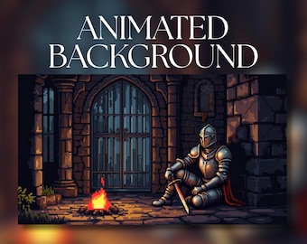 Geanimeerde achtergrond | Pixel Knight bij kampvuur | Donkere middeleeuwse kasteelkerker | Digitale mp4-download | AB258