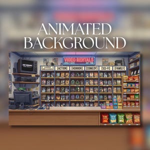 May include: An animated background featuring a retro video rental store. The store has shelves filled with VHS tapes, a "Video Rentals" sign, and a TV displaying "NO SIGNAL." The store also has snacks for sale.