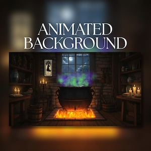 May include: An animated background image of a witch's cauldron over a fire, with green and purple smoke. The scene is set in a dimly lit room with candles, bookshelves, and a window showing a moonlit night. Text reads "ANIMATED BACKGROUND."