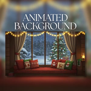 May include: Animated background image of a cozy Christmas scene. A red bench with decorative pillows sits before a large window overlooking a snowy forest. The text "ANIMATED BACKGROUND" is displayed above the window.