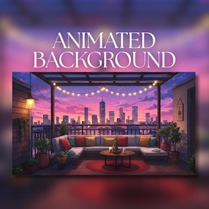 Fond animé | Terrasse panoramique avec vue sur le coucher de soleil | Lumières tamisées et plantes | Téléchargement MP4 pour streaming | AB156