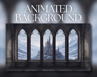 Animated Background | Gothic Castle Window View | Snowy Mountains | Falling Snow & Medieval Arches | MP4 Digital Download | AB57