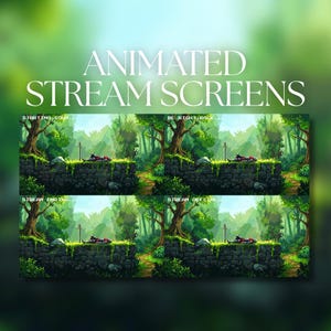 Op de afbeelding: Een set van vier geanimeerde stream-schermen met pixel art van een bosscène met een stenen muur, een zwaard en een rustende figuur. De tekstoverlays bevatten STARTING SOON, BE RIGHT BACK, STREAM ENDING en STREAM OFFLINE in het wit.