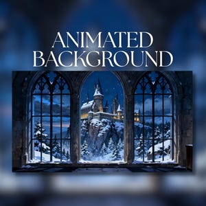 May include: An animated background image featuring a snowy castle scene viewed through arched windows. The text "ANIMATED BACKGROUND" is displayed at the top. The castle is on a snowy mountain, with pine trees and a night sky.
