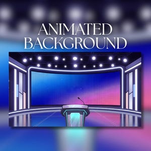 Op de afbeelding: Illustratie van een podium met een groot gebogen scherm met een verloop van blauw en roze. Het podium heeft een katheder met een microfoon en wordt verlicht door overheadverlichting. De tekst "ANIMATED BACKGROUND" wordt bovenaan weergegeven.